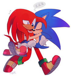 Size: 1201x1287 | Tagged: safe, artist:scuttletown, knuckles the echidna, sonic the hedgehog, blushing, carrying them, duo, gay, knuxonic, shipping, signature, simple background, sleeping, smile, speech bubble, walking, white background, zzz