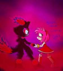 Size: 1931x2160 | Tagged: safe, artist:kobit_meg, amy rose, blaze the cat, cat, hedgehog, 2023, alternate universe, amy x blaze, crying, female, females only, lesbian, shipping