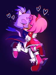 Size: 1536x2048 | Tagged: safe, artist:onlyastraa, amy rose, blaze the cat, cat, hedgehog, 2022, amy x blaze, amy's halterneck dress, blaze's tailcoat, blushing, cute, female, females only, heart, kiss, lesbian, shipping