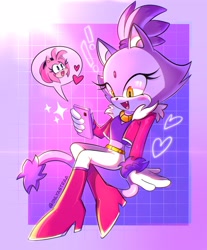 Size: 1698x2048 | Tagged: safe, artist:onlyastraa, amy rose, blaze the cat, cat, hedgehog, amy x blaze, cute, female, females only, hearts, lesbian, phone, shipping