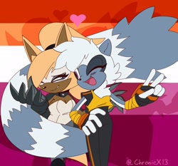 Size: 2048x1911 | Tagged: safe, artist:chronicx13, artist:xer0shiro, tangle the lemur, whisper the wolf, abstract background, blushing, duo, female, females only, heart, lesbian, lesbian pride, looking at each other, pride, pride flag background, shadow (lighting), shipping, smile, standing, tangle x whisper, wrapped in tail