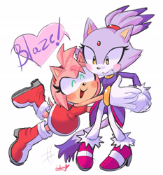 Size: 1776x1902 | Tagged: safe, artist:heartludwig, amy rose, blaze the cat, cat, hedgehog, 2022, amy x blaze, amy's halterneck dress, blaze's tailcoat, blushing, cute, female, females only, heart, hugging, lesbian, shipping