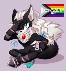 Size: 894x964 | Tagged: safe, artist:artkotaro08017, infinite the jackal, bigender, bigender pride, facepaint, graysexual, graysexual pride, legs crossed, pride, purple background, simple background, sitting, smile, solo