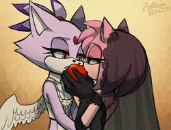 Size: 1977x1503 | Tagged: safe, artist:xfarfromreality, amy rose, blaze the cat, cat, hedgehog, 2023, amy x blaze, apple, bedroom eyes, cute, dress, female, females only, lesbian, looking at each other, shipping