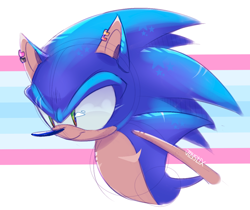 Size: 1366x1149 | Tagged: safe, artist:haunted-joystix, sonic the hedgehog, hedgehog, abstract background, ear piercing, looking offscreen, male, sketch, smile, solo, top surgery scars, trans male, transgender, transmasc pride