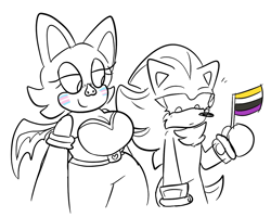 Size: 1292x1034 | Tagged: safe, artist:infizero-draws, rouge the bat, shadow the hedgehog, duo, eyelashes, facepaint, female, flag, holding something, lidded eyes, nervous, nonbinary, nonbinary pride, pride, pride flag, simple background, smile, standing, trans female, trans pride, transgender, white background