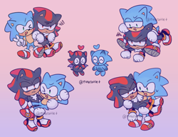 Size: 2048x1573 | Tagged: safe, artist:tinyratlet, shadow the hedgehog, sonic the hedgehog, chao, hedgehog, annoyed, blushing, chaoified, character chao, cute, duo, frown, gay, gradient background, heart, shadow chao, shadow x sonic, shadowbetes, shipping, smile, sonabetes, sonic chao, tsundere