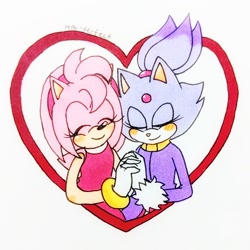 Size: 1280x1282 | Tagged: safe, artist:weeklyblazethecat, amy rose, blaze the cat, cat, hedgehog, 2018, amy x blaze, amy's halterneck dress, blaze's tailcoat, cute, eyes closed, female, females only, heart, holding hands, lesbian, shipping