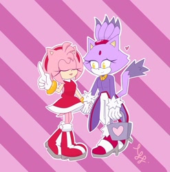 Size: 1267x1280 | Tagged: safe, artist:tgg233, amy rose, blaze the cat, cat, hedgehog, 2018, alternate version, amy x blaze, amy's halterneck dress, bag, blaze's tailcoat, cute, eyes closed, female, females only, heart, holding hands, lesbian, shipping