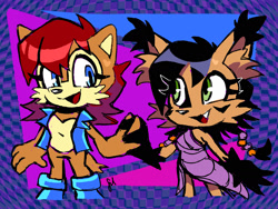 Size: 2000x1500 | Tagged: safe, artist:pkrockinon, nicole the hololynx, sally acorn, abstract background, duo, female, females only, holding hands, lesbian, looking at each other, nicole x sally, shipping, signature, smile, standing