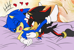 Size: 1600x1083 | Tagged: safe, artist:angelofhapiness, artist:issy2610, shadow the hedgehog, sonic the hedgehog, hedgehog, 2016, abstract background, bed, blushing, duo, eyes closed, gay, heart, indoors, laughing, licking, lidded eyes, lying down, male, males only, shadow x sonic, shipping, shoes off, tongue out