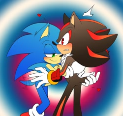 Size: 1700x1602 | Tagged: safe, artist:angelofhapiness, artist:shadisfaction, shadow the hedgehog, sonic the hedgehog, hedgehog, 2016, abstract background, blushing, duo, gay, grabbing tail, heart, lidded eyes, male, males only, shadow x sonic, shipping, smile, standing, surprised, wagging tail