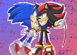 Size: 1834x1309 | Tagged: safe, artist:angelofhapiness, shadow the hedgehog, sonic the hedgehog, hedgehog, 2014, abstract background, blushing, bondage, caressing, duo, frown, gay, holding something, lidded eyes, looking at each other, outline, rope, shadow x sonic, shipping, smile, standing, tied up