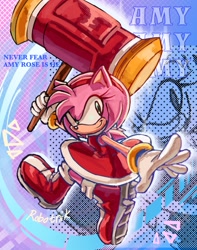 Size: 1235x1566 | Tagged: safe, artist:thescroingle, amy rose, hedgehog, 2023, abstract background, character name, english text, female, holding something, looking back, piko piko hammer, smile, solo