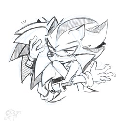 Size: 1080x1080 | Tagged: safe, artist:danimatez, shadow the hedgehog, sonic the hedgehog, hedgehog, 2023, blushing, duo, floppy ears, frown, gay, hugging, lidded eyes, looking at viewer, male, males only, pencilwork, shadow x sonic, shipping, simple background, surprise hug, surprised, white background