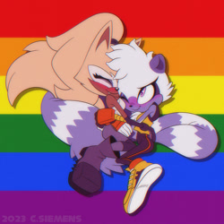 Size: 1500x1500 | Tagged: safe, artist:dawgweazle, tangle the lemur, whisper the wolf, lemur, wolf, 2023, blushing, duo, eyes closed, hugging, lesbian, looking at them, one eye closed, pride, pride flag background, shipping, smile, tangle x whisper