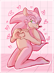 Size: 633x856 | Tagged: safe, artist:azuredreamrealm, sonic the hedgehog, oc, oc:sakura sonic, hedgehog, 2018, abstract background, barefoot, border, cheek fluff, claws, color swap, floppy ears, fluff, gloves off, heart, heart hands, kneeling, lidded eyes, looking offscreen, male, outline, pink fur, solo, tongue out