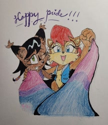 Size: 1543x1782 | Tagged: safe, artist:lillitheartist, nicole the hololynx, sally acorn, chipmunk, bisexual, bisexual pride, duo, english text, lesbian, looking at viewer, nicole x sally, pride, pride flag, shipping, smile, traditional media, wink