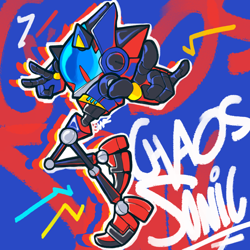 Size: 2000x2000 | Tagged: safe, artist:hypemstar, chaos sonic, sonic prime, abstract background, character name, english text, genderless, outline, robot, solo, wink