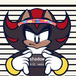 Size: 2048x2048 | Tagged: safe, artist:pinklapony_, shadow the hedgehog, hedgehog, abstract background, barbie mugshot meme, frown, holding something, male, meme, mugshot, solo