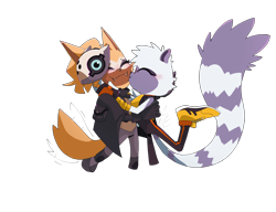 Size: 2048x1576 | Tagged: safe, artist:winekqknw, tangle the lemur, whisper the wolf, blushing, duo, hands on another's face, holding each other, kiss on cheek, lesbian, shipping, simple background, smile, standing, tangle x whisper, transparent background, wagging tail