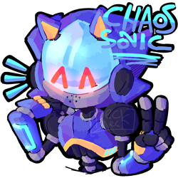 Size: 1280x1280 | Tagged: safe, artist:peck2neck, chaos sonic, sonic prime, bust, character name, eyes closed, genderless, robot, signature, simple background, solo, transparent background, v sign