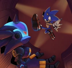 Size: 2048x1938 | Tagged: safe, artist:sun-supernova, chaos sonic, sonic the hedgehog, hedgehog, sonic prime, sonic prime s2, abstract background, duo, fight, fighting, genderless, looking at each other, male, robot