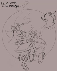 Size: 1638x2048 | Tagged: safe, artist:sspicyramencup, amy rose, blaze the cat, burning blaze, cat, hedgehog, 2022, amy x blaze, amy's halterneck dress, blaze's tailcoat, cute, english text, female, females only, kissing, lesbian, shipping, sketch, super amy, super form