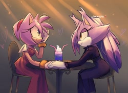 Size: 2048x1492 | Tagged: safe, artist:winkmyjink, amy rose, blaze the cat, cat, hedgehog, 2023, amy x blaze, cute, date, dress, female, females only, hearts, holding hands, lesbian, milkshake, shipping, straw