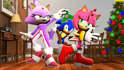 Size: 1024x576 | Tagged: safe, artist:muffywithsunglasses, amy rose, blaze the cat, sonic the hedgehog, cat, hedgehog, 2021, amy x blaze, amy's halterneck dress, blaze's tailcoat, christmas, christmas tree, cute, female, lesbian, male, mistletoe, sfm, shipping