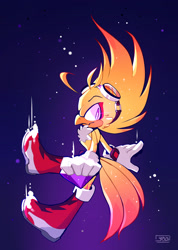 Size: 2048x2880 | Tagged: safe, artist:yu33_pm, jet the hawk, bird, abstract background, chaos emerald, flying, hawk, holding something, male, smile, solo, space, star (sky), super form, super jet