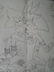 Size: 1536x2048 | Tagged: safe, artist:kaidaari, espio the chameleon, silver the hedgehog, duo, gay, pencilwork, shipping, silvio, sitting, traditional media