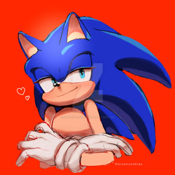 Size: 1280x1280 | Tagged: safe, artist:harooncookiez720, sonic the hedgehog, hedgehog, 2020, alternate eye color, blue eyes, bust, deviantart watermark, eyelashes, heart, lidded eyes, looking offscreen, male, red background, redraw, simple background, smile, solo, watermark