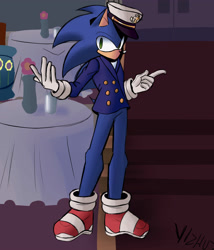 Size: 3000x3500 | Tagged: safe, artist:yizhyz, sonic the hedgehog, hedgehog, the murder of sonic the hedgehog, 2023, abstract background, clothes, looking offscreen, male, signature, solo, standing