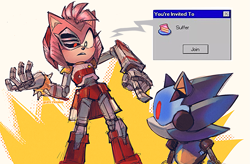 Size: 1451x950 | Tagged: safe, artist:9474s0ul, amy rose, chaos sonic, hedgehog, sonic prime s2, duo, english text, female, genderless, looking at each other, meme, partially roboticized, pointing, robot, rusty rose, standing, windows