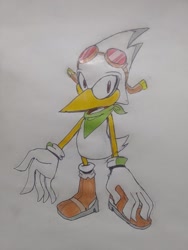 Size: 1536x2048 | Tagged: safe, artist:transgender-battlekukku, speedy, bird, bandana, boots, goggles, goggles on head, looking offscreen, male, solo, standing, traditional media