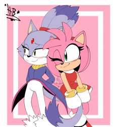 Size: 2429x2618 | Tagged: safe, artist:buddyhyped, amy rose, blaze the cat, cat, hedgehog, 2023, amy x blaze, amy's halterneck dress, blaze's tailcoat, blushing, cute, female, females only, hands on back, lesbian, shipping, wink