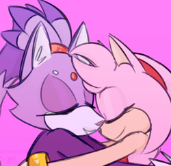 Size: 487x471 | Tagged: safe, artist:sonicshank, amy rose, blaze the cat, cat, 2018, amy x blaze, amy's halterneck dress, blaze's tailcoat, cuddling, cute, eyes closed, female, females only, hdegehog, hugging, lesbian, shipping, sleeping