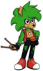 Size: 475x780 | Tagged: safe, artist:erasabledata, manik the hedgehog, hedgehog, drumsticks, ear piercing, earring, holding something, looking offscreen, male, redesign, ripped pants, simple background, smile, solo, standing, transparent background