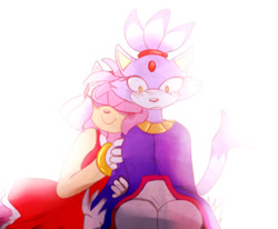 Size: 540x444 | Tagged: safe, artist:mi1kgreentea, amy rose, blaze the cat, cat, hedgehog, 2017, amy x blaze, amy's halterneck dress, blaze's tailcoat, cute, eyes closed, female, females only, hand on hip, lesbian, shipping