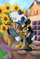 Size: 1386x2048 | Tagged: safe, artist:ryan rudnick, artist:ryan_rudnick, tangle the lemur, whisper the wolf, daytime, flower, kiss, lesbian, shipping, sunflower, tangle x whisper