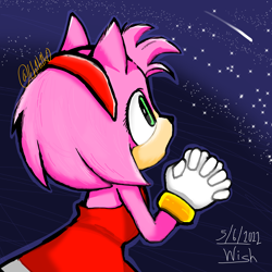 Size: 3000x3000 | Tagged: safe, artist:ch1b1k0, amy rose, hedgehog, 31 days sonic, 2022, abstract background, female, hands together, looking up, movie style, shooting star, signature, solo, star (sky), wishing