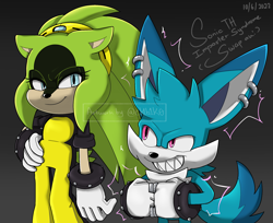 Size: 1900x1550 | Tagged: safe, artist:ch1b1k0, kit the fennec, surge the tenrec, 2023, dialogue, duo, electricity, english text, female, gradient background, male, personality swap, smile, standing