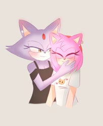 Size: 1028x1259 | Tagged: safe, artist:mymelopinkdream, amy rose, blaze the cat, cat, hedgehog, 2023, amy x blaze, blushing, cute, eyes closed, female, females only, hand on cheek, lesbian, shipping