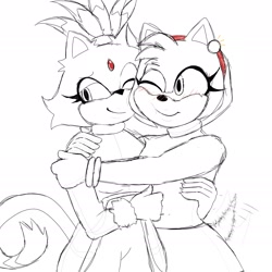 Size: 2120x2120 | Tagged: safe, artist:urbvyfriend, amy rose, blaze the cat, cat, hedgehog, 2023, amy x blaze, amy's halterneck dress, blaze's tailcoat, cute, female, females only, hugging, lesbian, shipping, sketch