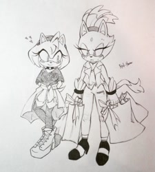 Size: 540x601 | Tagged: safe, artist:manachaotix, amy rose, blaze the cat, cat, hedgehog, 2018, amy x blaze, cute, female, females only, hearts, lesbian, shipping, shopping bag, sketch, traditional media