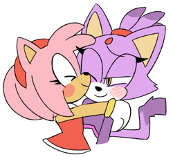 Size: 540x490 | Tagged: safe, artist:gaysilver, amy rose, blaze the cat, cat, hedgehog, 2017, amy x blaze, amy's halterneck dress, blaze's tailcoat, cute, eyes closed, female, females only, kiss on cheek, lesbian, shipping