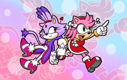 Size: 2047x1293 | Tagged: safe, artist:didi-bot, amy rose, blaze the cat, cat, hedgehog, 2023, amy x blaze, amy's halterneck dress, blaze's tailcoat, cute, female, females only, hand on arm, heart, lesbian, shipping