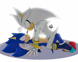 Size: 1280x1024 | Tagged: safe, artist:lupitamota, silver the hedgehog, sonic the hedgehog, hedgehog, 2021, blushing, deviantart watermark, duo, gay, looking at each other, male, males only, pinning them, shadow (lighting), shipping, signature, simple background, sonilver, white background