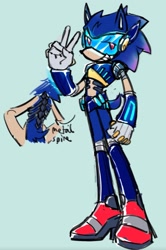 Size: 1079x1626 | Tagged: safe, artist:wewour, chaos sonic, sonic prime s2, blue background, cyborg, english text, heels, lidded eyes, looking at viewer, mobianified, partially roboticized, red eyes, simple background, smile, solo, standing, v sign